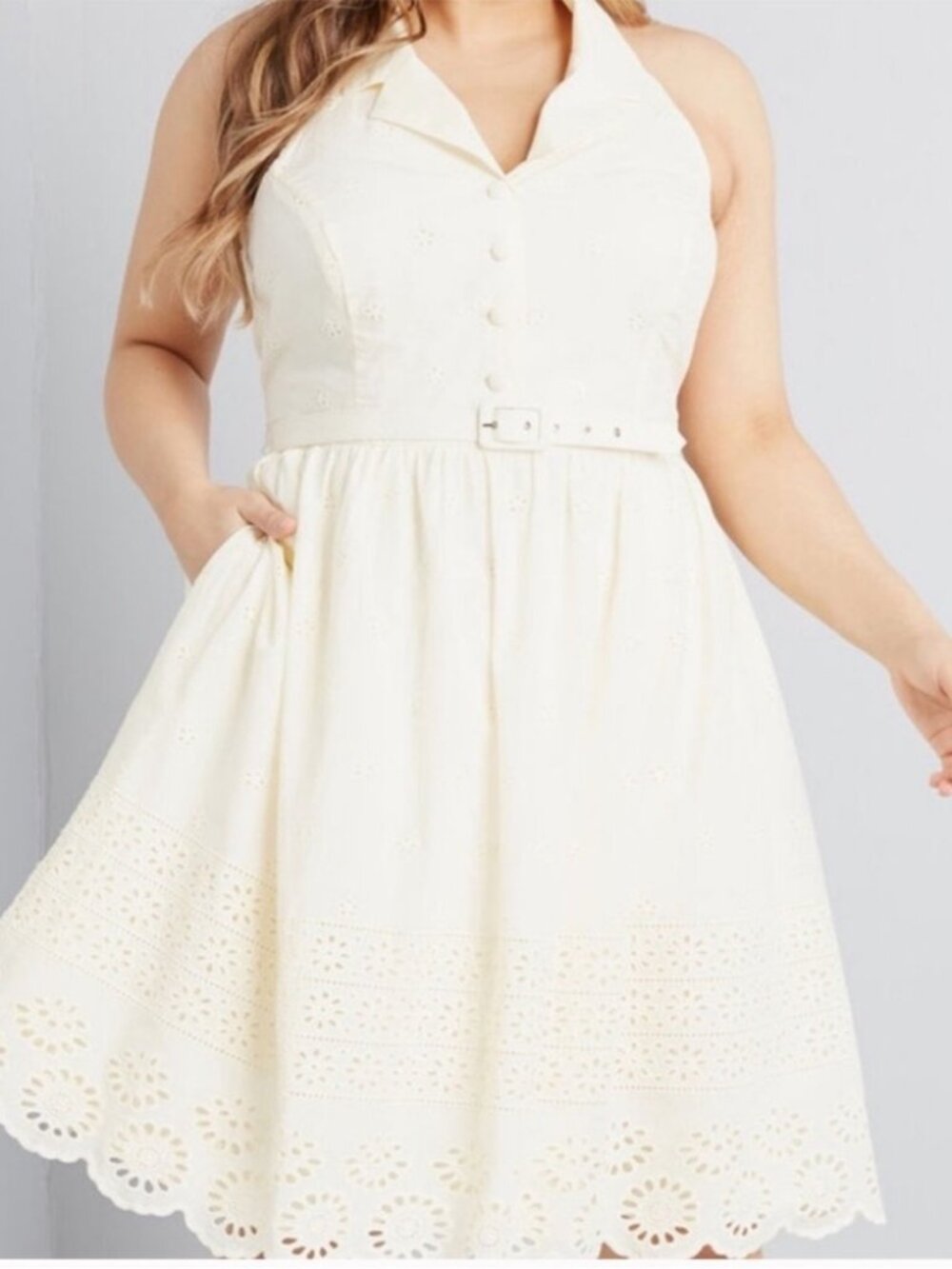 Modcloth Halter Dress Creamy Butter Yellow Eyelet Fit & Flare Belted size 4X